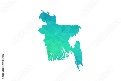 Bangladesh Map - Polygon Style Vector Illustration in Green and Blue Gradient, Low Poly Geometric Design, Isolated on White Background, Perfect for Infographics and Learning Use.