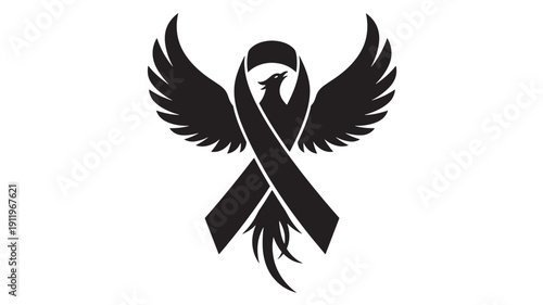 Black Ribbon with Wings Symbolizing Awareness and Freedom on White Background