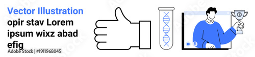 Science, achievement, research, genetic studies, teamwork, success. A thumbs-up, DNA tube and a person holding a trophy. Achievement and science concepts visually