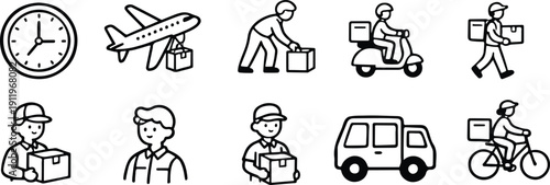 Delivery service icons showcasing time transport and personnel in black and white