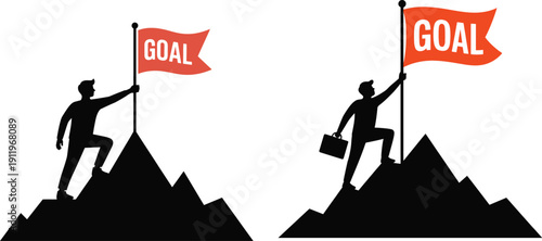 Black silhouette of person reaching goal flag on mountain