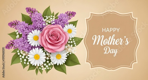 Happy mother's day floral wishes greeting card with beautiful pink rose and daisies