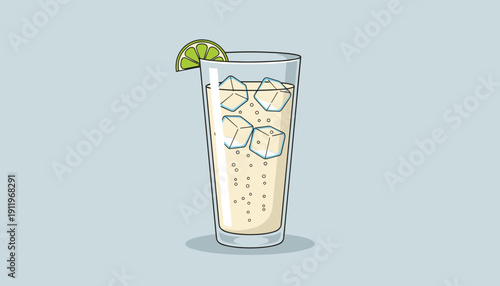 Gin and tonic cocktail in glass with ice and lime wedge  