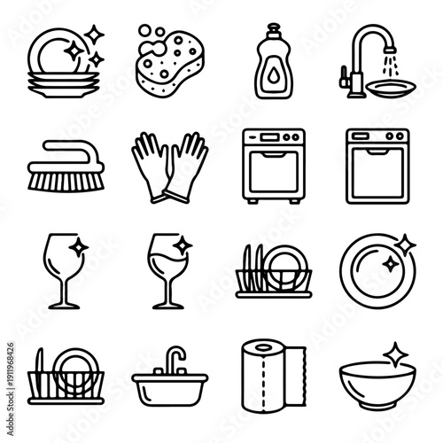 washing icon set, dish washing icon set, dish washing line art icon set