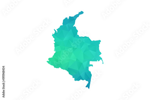 Colombia Map - Polygon Style Vector Illustration in Green and Blue Gradient, Low Poly Geometric Design, Isolated on White Background, Perfect for Infographics and Learning Use.