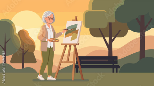 Senior woman painting outdoors in park during sunset  