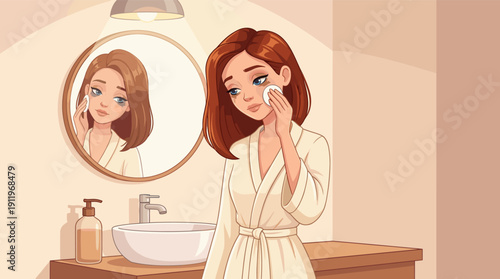 Young woman removing makeup in bathroom with mirror reflection  