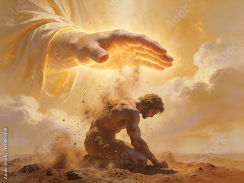 Gods hand creating man from dust. Biblical scene of creation. Religious concept for spiritual lesson.