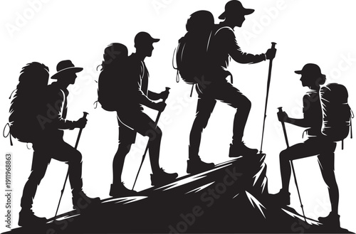 Silhouette sequence of hiker walking with backpack and trekking poles, illustrating outdoor movement, gear use, and hiking posture in vector art