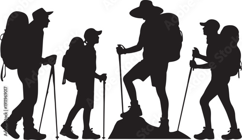 Silhouette sequence of hiker walking with backpack and trekking poles, illustrating outdoor movement, gear use, and hiking posture in vector art