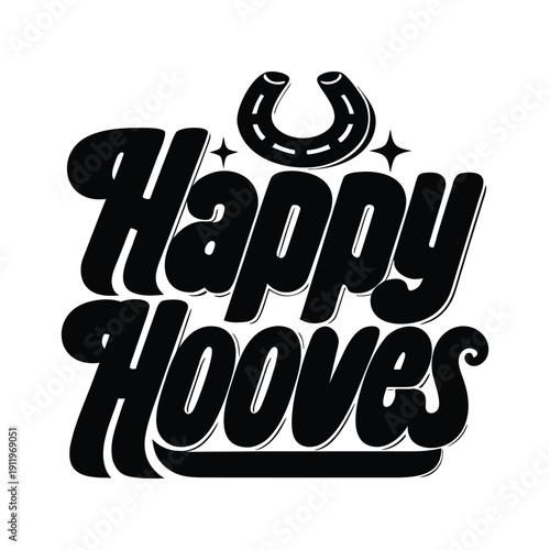 Happy Hooves Logo Design with Horseshoe Graphic and Rustic Farm Emblem