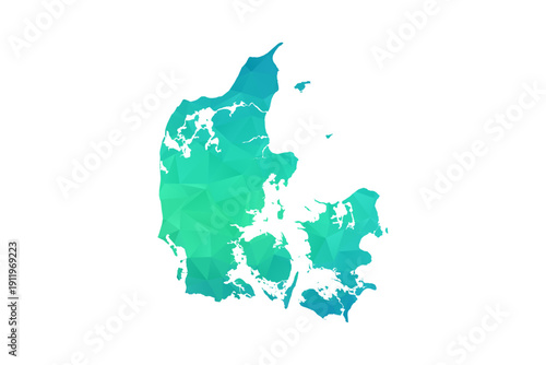Denmark Map - Polygon Style Vector Illustration in Green and Blue Gradient, Low Poly Geometric Design, Isolated on White Background, Perfect for Infographics and Learning Use.