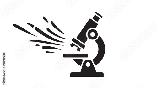 Exploding Microscope Icon, Black Silhouette on White Background, Dynamic Science Concept
