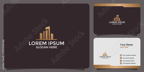 Modern Luxury Real Estate Logo with Golden Skyscraper Building and Business Card Design