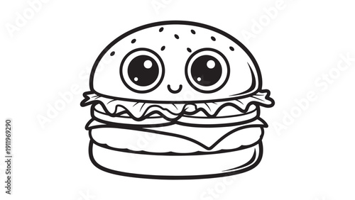 Playful cartoon hamburger character with big eyes and sesame bun in a cute food illustration.