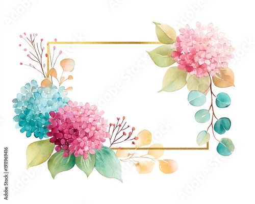 Watercolor floral composition with hydrangea blooms in top left and bottom right corners