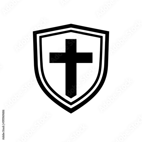 Elegant black Christian cross icon meticulously centered within a classic shield emblem, representing unwavering faith, divine protection, spiritual strength, religious devotion, and steadfast belief.