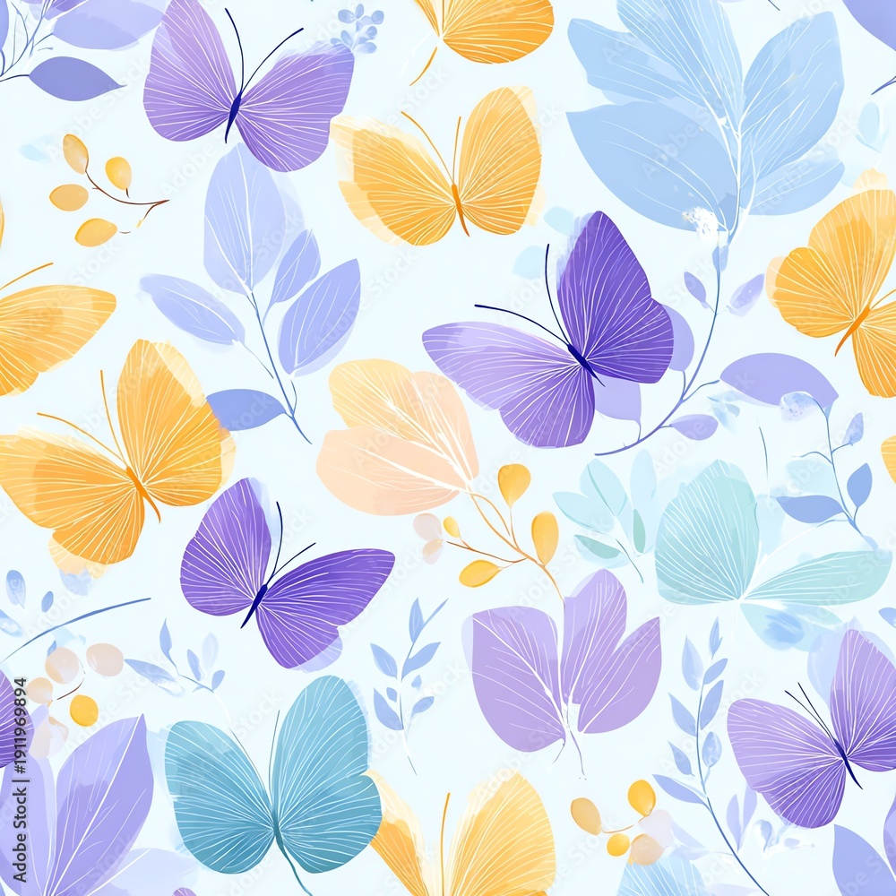 Obraz premium Airy botanical seamless pattern with pastel butterflies and light spring florals
