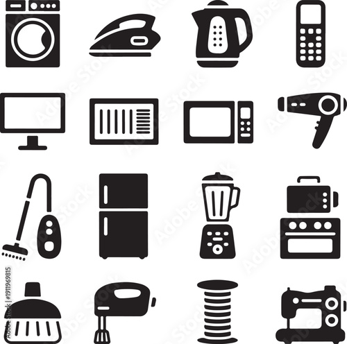 Home appliances black icons set