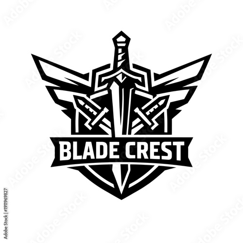 Blade Crest Official Logo: A fierce and powerful heraldic emblem showcasing a majestic central sword, flanked by two formidable smaller blades, crowned with sharp, dynamic wings, symbolizing strength,