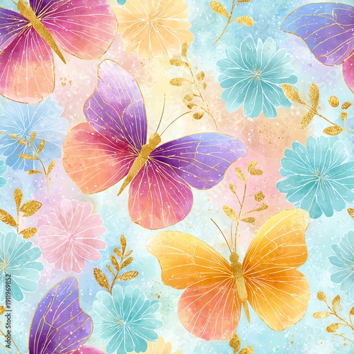Whimsical seamless butterfly garden pattern with layered watercolor flowers and airy stems