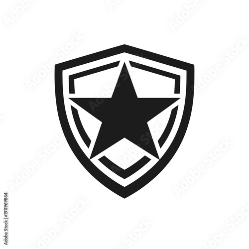 Black shield logo featuring a prominent five-point star at its core, framed by modern geometric lines and a subtle bottom accent. This emblem perfectly symbolizes protection, security, authority, and