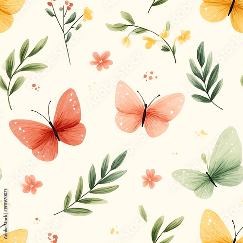 Dreamy spring seamless design featuring pastel butterflies blossoms and airy botanical accents