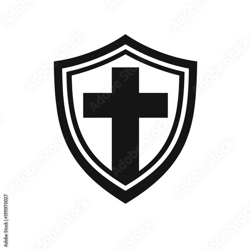 Striking minimalist black shield icon with a prominent Christian cross, symbolizing ultimate spiritual protection, unwavering faith, divine guidance, and ecclesiastical strength. This powerful graphic