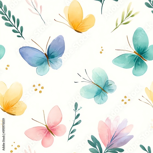Dreamy spring seamless design featuring pastel butterflies blossoms and airy botanical accents