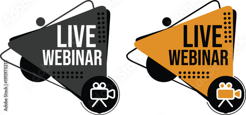 Live webinar icon set collection with microphone, play button, camera and broadcast symbols in yellow and black colors isolated on white background vector illustration.