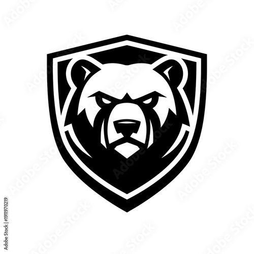 A powerful and fierce grizzly bear head mascot logo, rendered in bold black and white vector art, encapsulated within a protective shield emblem, ideal for sports teams, esports, security branding, st