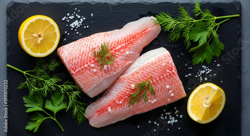 Wallpaper Mural Premium Raw Red Snapper Fillets with Fresh Herbs & Lemon - Gourmet Seafood Ingredient for Healthy Meals Torontodigital.ca