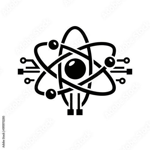 Quantum computing and scientific innovation symbol blending atomic structure with digital circuitry, representing the convergence of advanced physics, data processing, artificial intelligence, and cut