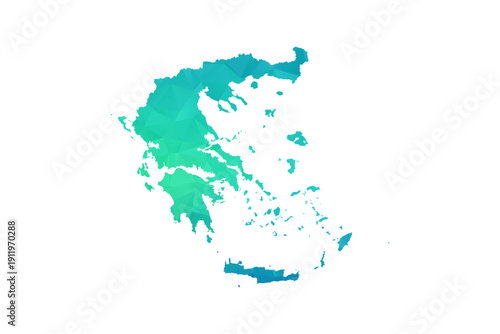 Greece Map - Polygon Style Vector Illustration in Green and Blue Gradient, Low Poly Geometric Design, Isolated on White Background, Perfect for Infographics and Learning Use.