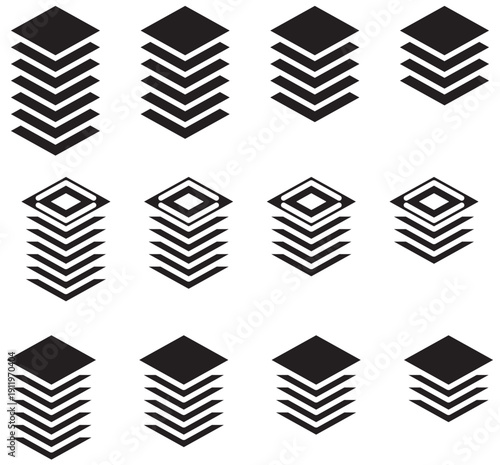 Layers icon set. Logo layers, levels, tiers, sheets icons. Fabric floor layers symbol absorbent of material stack vector. Layer layout icon set. 6, 5, 4, 3, layers symbol.  Fabric floor layers symbol 