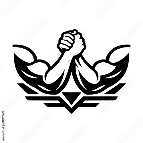 Dynamic Arm Wrestling Logo Emblem Featuring Interlocked Muscular Arms in a Fierce Contest of Strength and Power, Representing Competitive Sport, Fitness Challenges, and Ultimate Victory in Athletic En