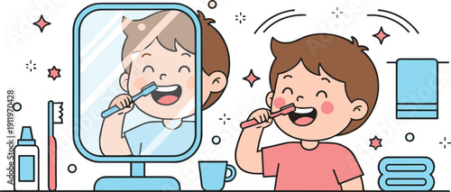 Cute Boy Character Brushing Teeth in Front of Bathroom Mirror for Childrens Dental Health Education Daily Morning Hygiene Routine and Self Care Illustration