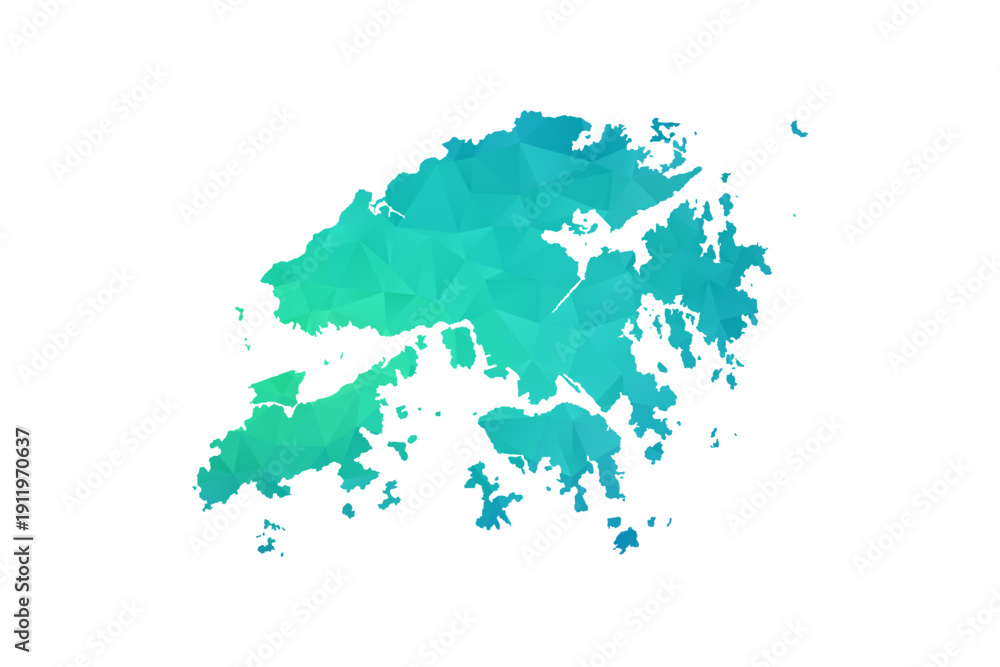 Naklejka premium Hong Kong Map - Polygon Style Vector Illustration in Green and Blue Gradient, Low Poly Geometric Design, Isolated on White Background, Perfect for Infographics and Learning Use.