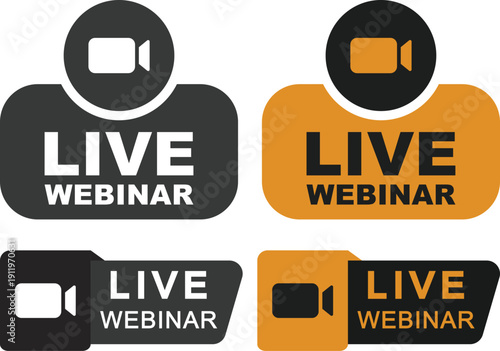 Live webinar icon set collection with microphone, play button, camera and broadcast symbols in yellow and black colors isolated on white background vector illustration.