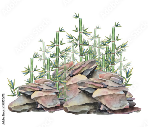 Canvas Print Watercolor illustration of natural layered stones with green bamboo stems in a botanical zen style