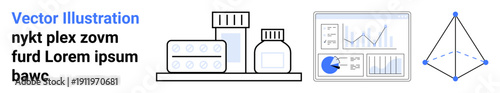 Pills, bottles, data analytics dashboard with charts, and geometric shape. Ideal for medicine, healthcare, research, pharmacy, statistics analysis simple landing page