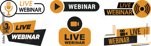 Live webinar icon set collection with microphone, play button, camera and broadcast symbols in yellow and black colors isolated on white background vector illustration.