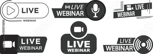 Live webinar icon set collection with microphone, play button, camera and broadcast symbols in yellow and black colors isolated on white background vector illustration.