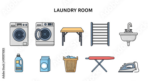 A collection of ten flatstyle icons representing laundry room equipment and supplies