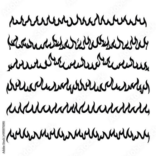 Realistic Fire Flames Set  Burning Fire Border Lines, Hot Blaze Elements Collection for Design, Heat and Flame Decorative Dividers Isolated on White Background .eps10