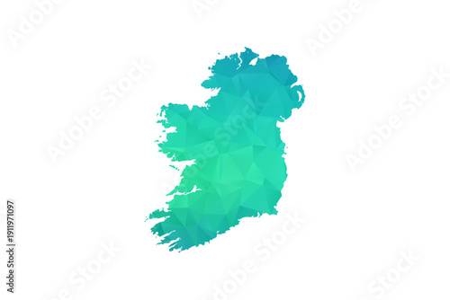 Ireland Map - Polygon Style Vector Illustration in Green and Blue Gradient, Low Poly Geometric Design, Isolated on White Background, Perfect for Infographics and Learning Use.