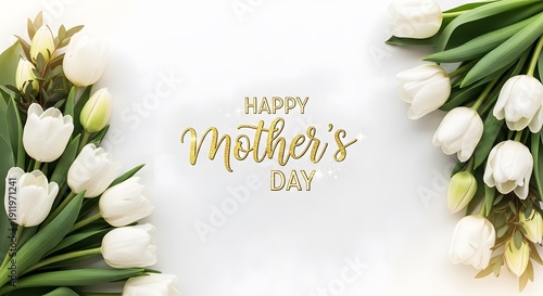 Happy mother's day greeting with white tulips and glittery text