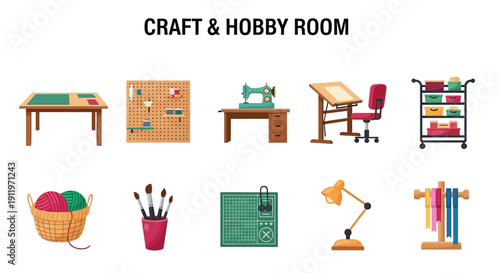 Collection of crafting and hobby room equipment including furniture and supplies