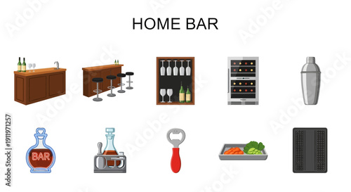 Collection of home bar furniture accessories and tools displayed against a white background