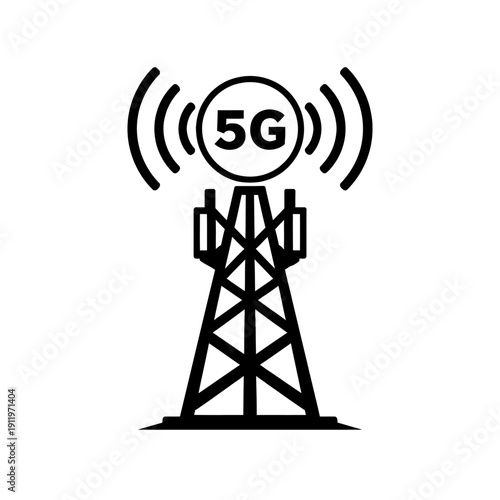 5G cellular network tower icon, showcasing high-speed wireless signal transmission. Represents cutting-edge mobile connectivity infrastructure, vital for next-generation broadband, IoT, smart cities,
